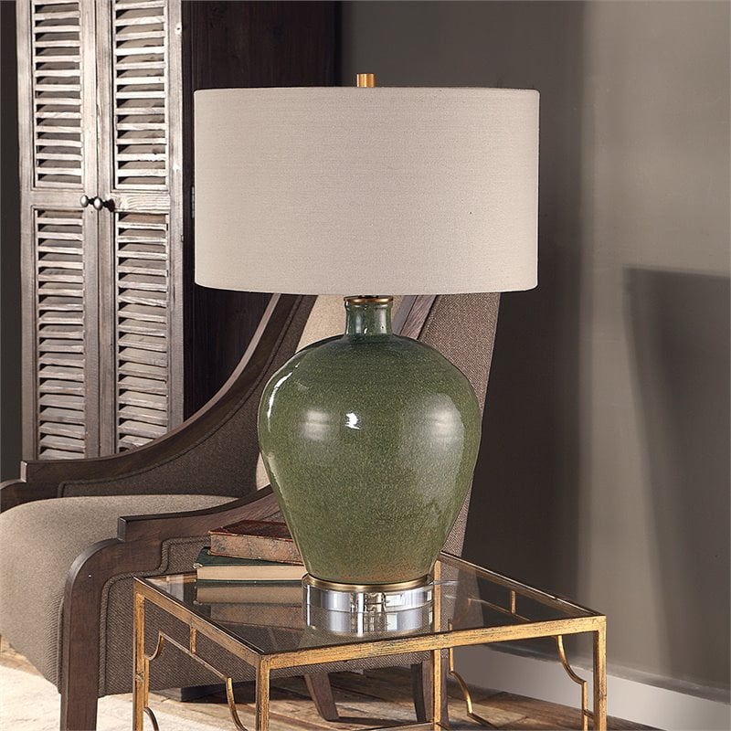 Uttermost Elva Steel Ceramic and Crystal Table Lamp in Emerald Green/Light Beige