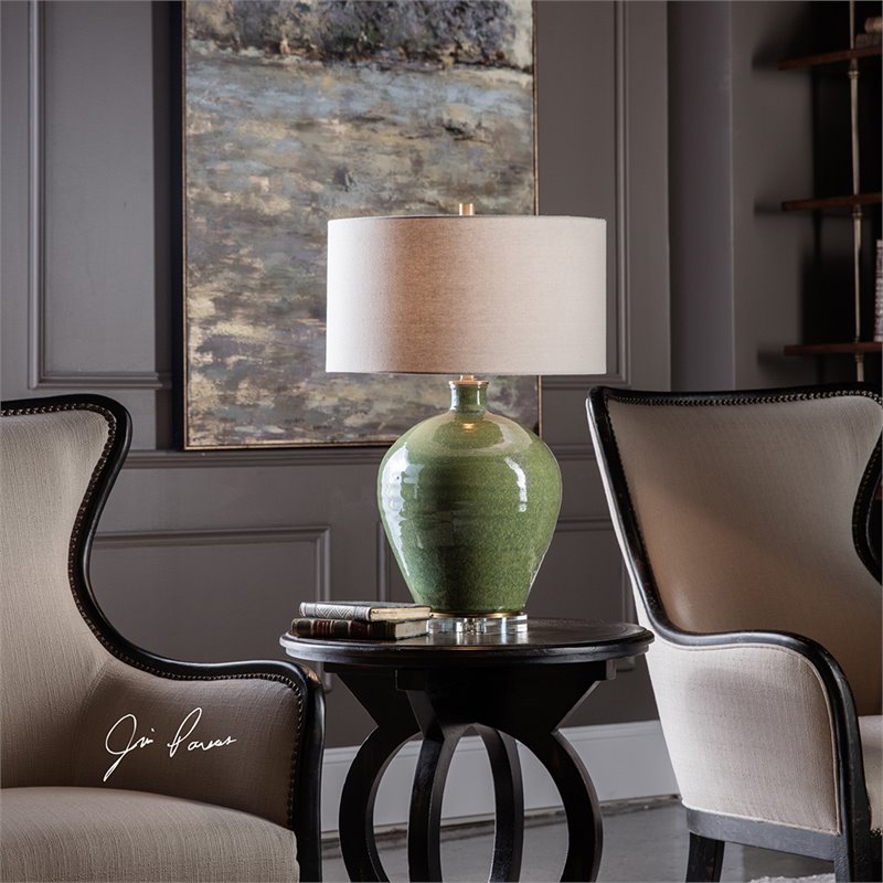 Uttermost Elva Steel Ceramic and Crystal Table Lamp in Emerald Green/Light Beige