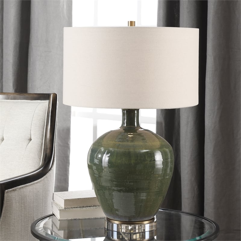 Uttermost Elva Steel Ceramic and Crystal Table Lamp in Emerald Green/Light Beige