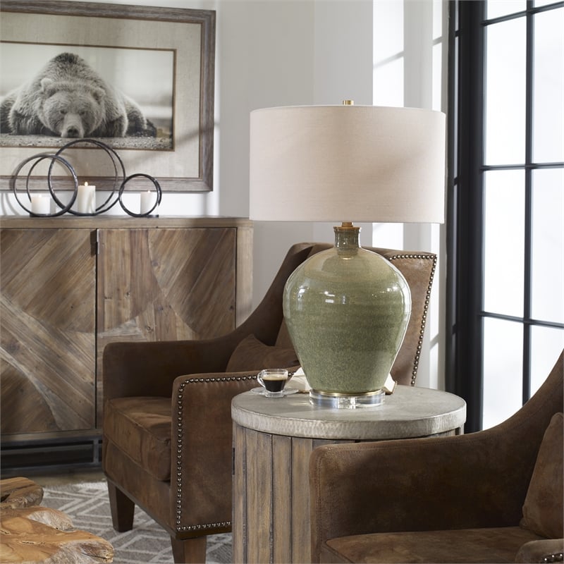 Uttermost Elva Steel Ceramic and Crystal Table Lamp in Emerald Green/Light Beige