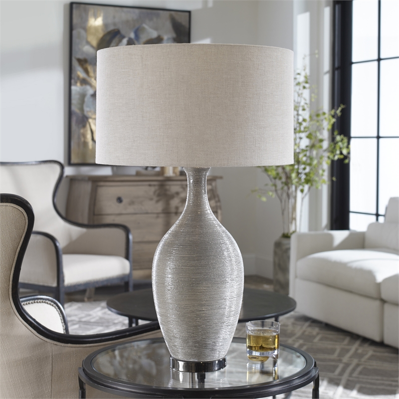 Uttermost Dinah Ceramic and Iron Table Lamp in Textured Gray and Beige