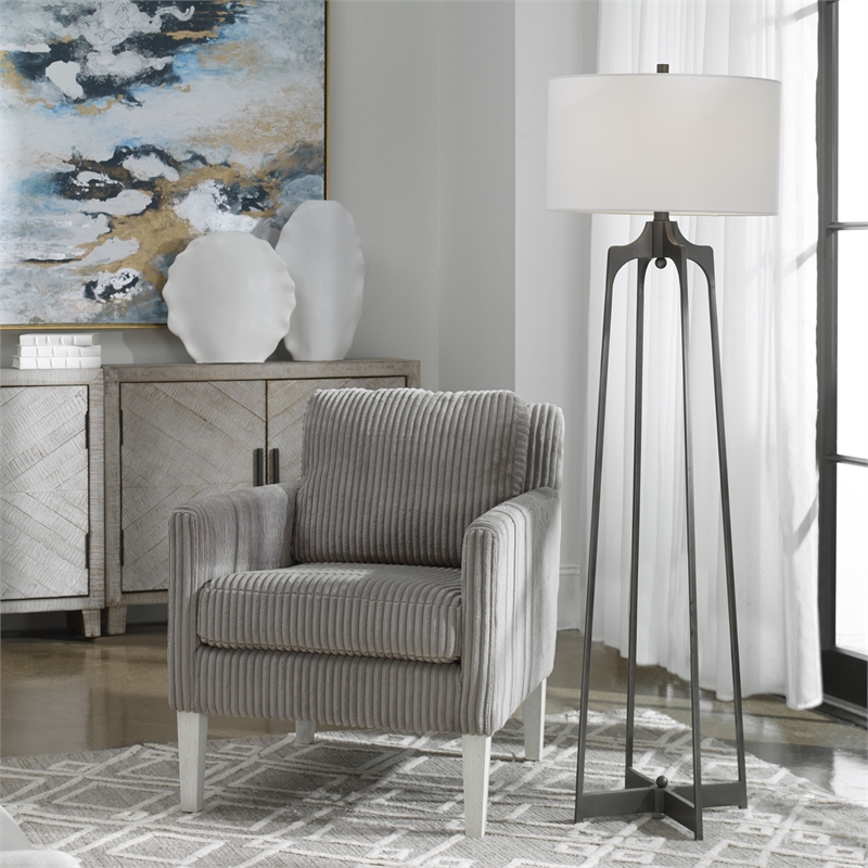Uttermost Adrian Steel and Fabric Floor Lamp in Aged Gunmetal and White
