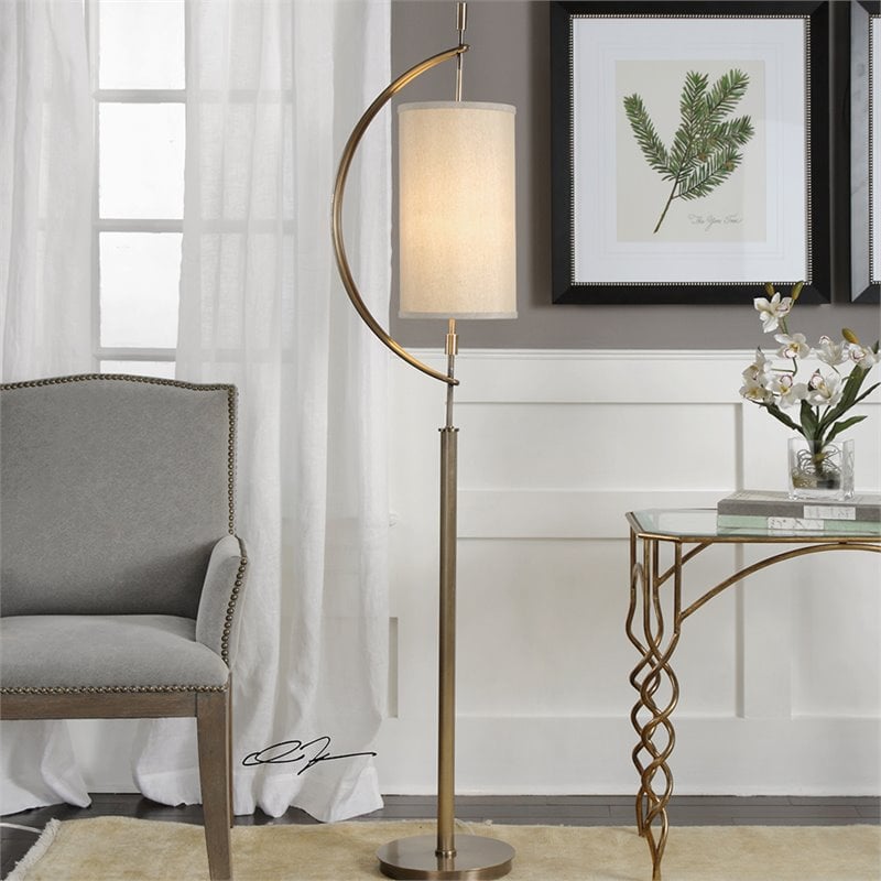 Uttermost Balaour Steel and Fabric Floor Lamp in Antique Brass and Light Beige