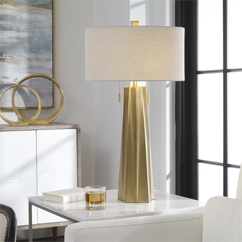 Uttermost Maris Contemporary Steel Table Lamp in Brass and Light Beige