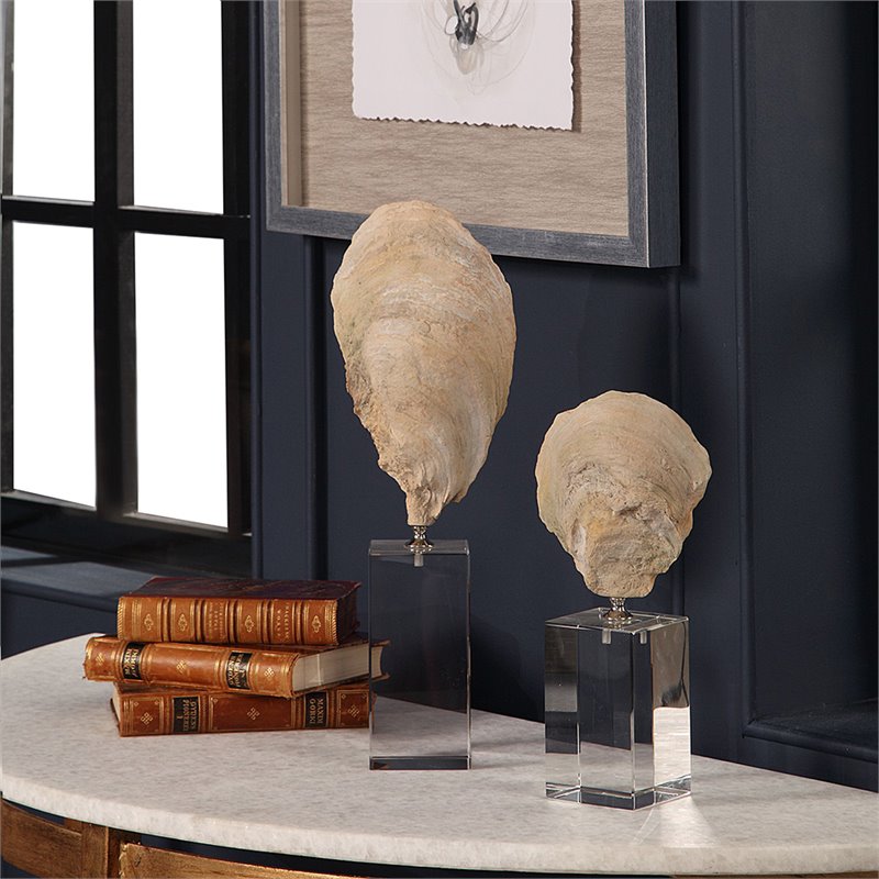 Uttermost Oyster 2-Piece Resin and Crystal Shell Sculpture Set in Aged Ivory