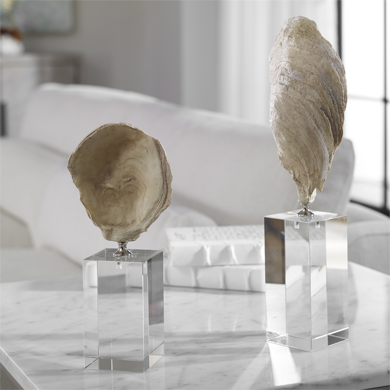 Uttermost Oyster 2-Piece Resin and Crystal Shell Sculpture Set in Aged Ivory