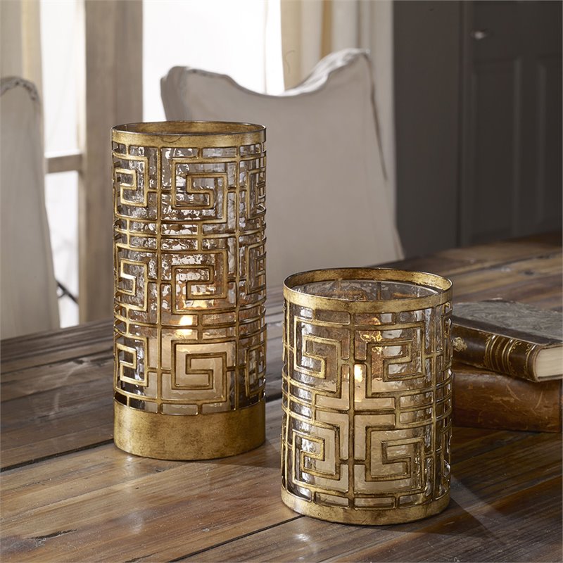 Uttermost Ruhi 2 Piece Hurricane Candle Holder Set In Antiqued Gold 18953