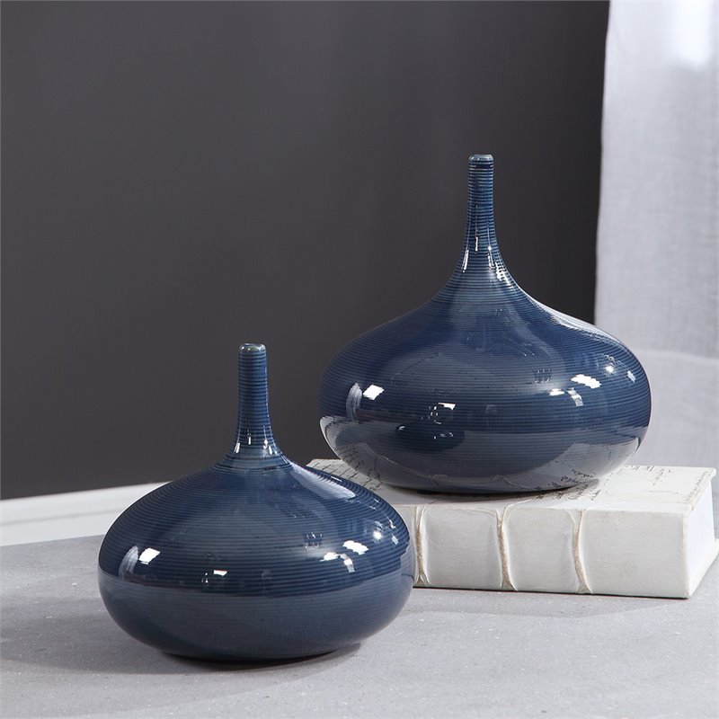 Uttermost Zayan 2-Piece Coastal Style Ceramic Vase Set in Blue