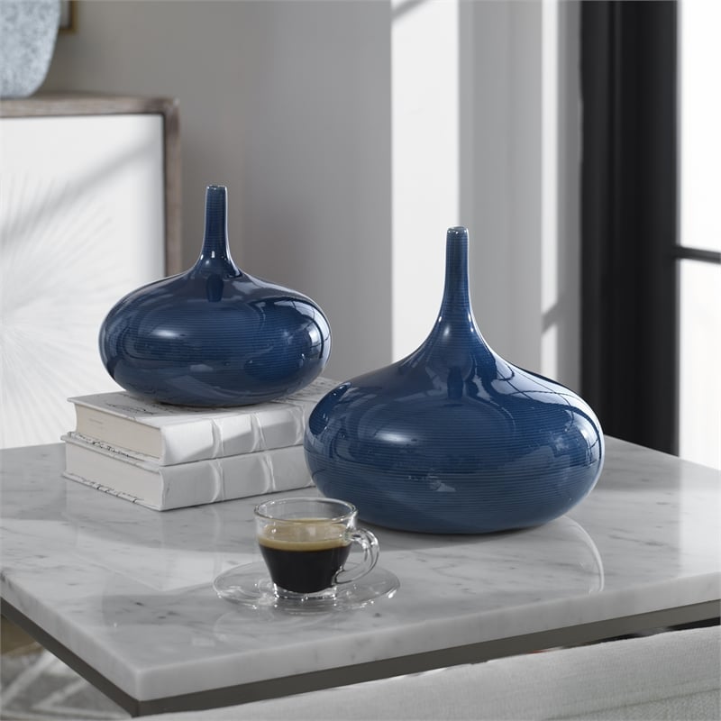 Uttermost Zayan 2-Piece Coastal Style Ceramic Vase Set in Blue