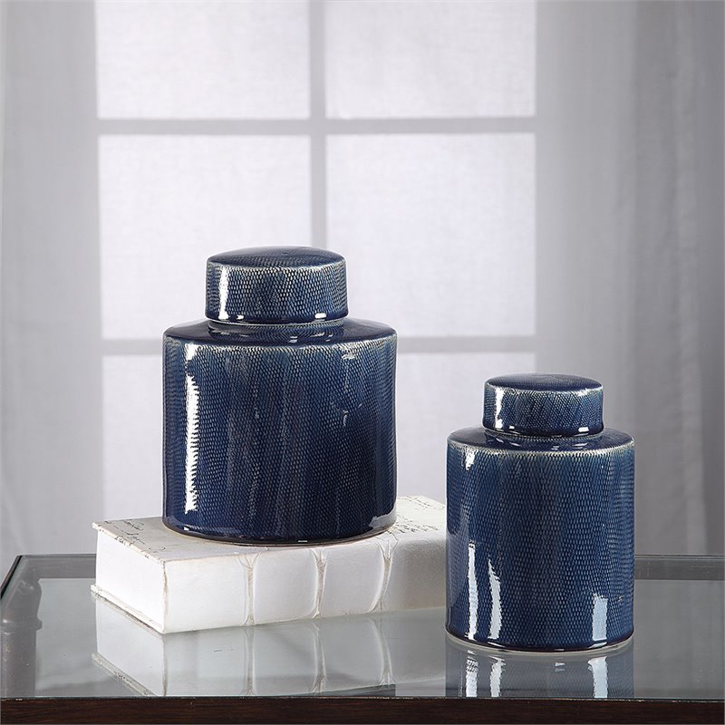 Uttermost Saniya 2-Piece Coastal Ceramic Container Set in Sapphire Blue