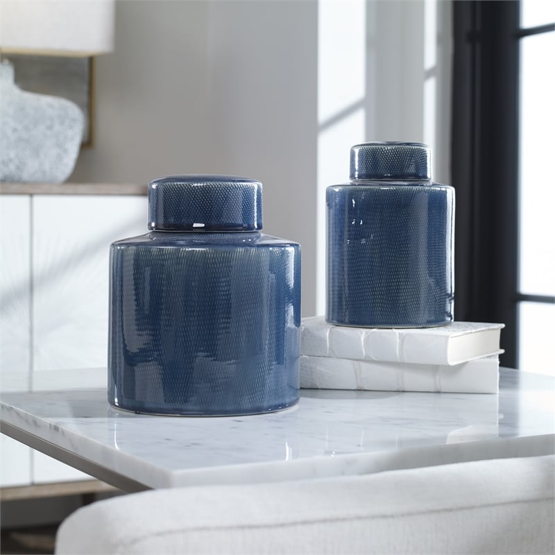Uttermost Saniya 2-Piece Coastal Ceramic Container Set in Sapphire Blue