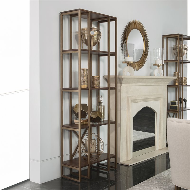 Uttermost Karishma 4-Shelf MDF and Metal Bookcase in Antique Gold/Dark Walnut