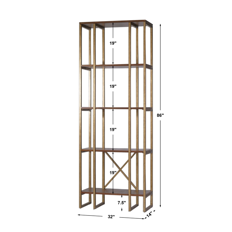 Uttermost Karishma 4-Shelf MDF and Metal Bookcase in Antique Gold/Dark Walnut
