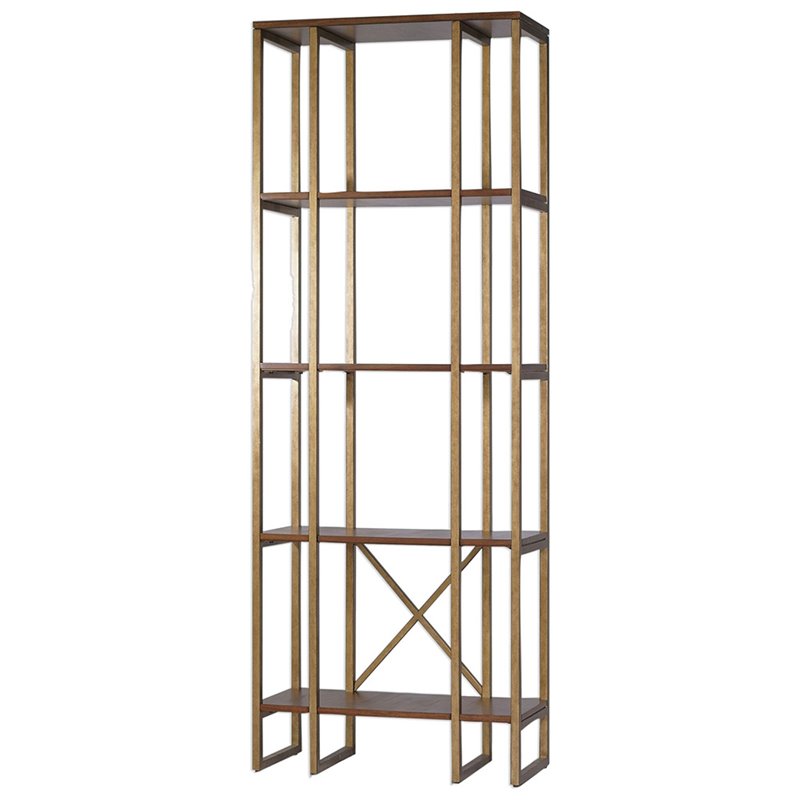 Uttermost Karishma 4-Shelf MDF and Metal Bookcase in Antique Gold/Dark Walnut