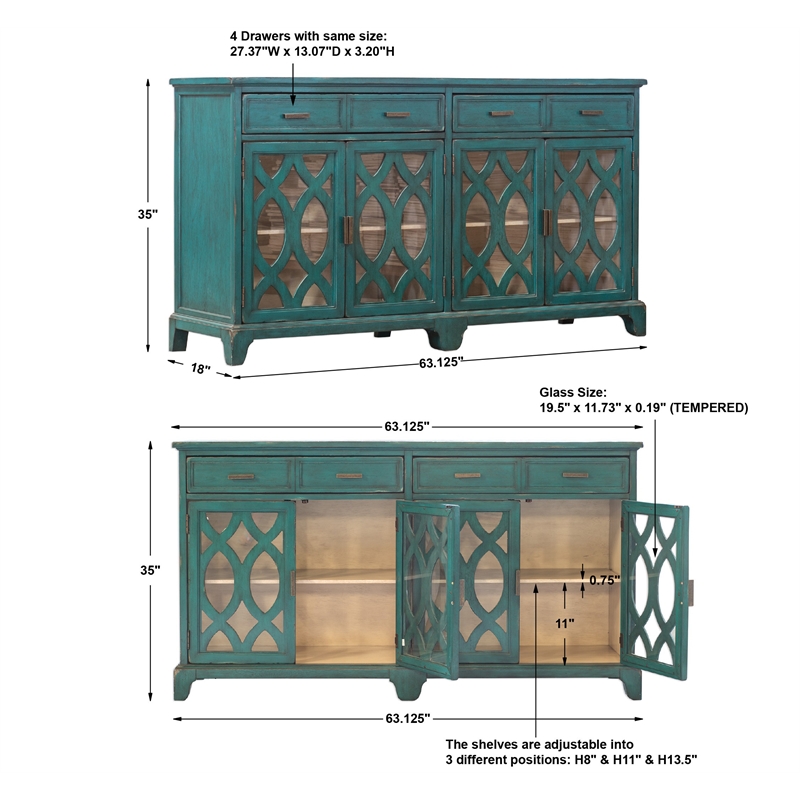 Uttermost Oksana Coastal Wood and Glass Sideboard in Antique Green/Antique White