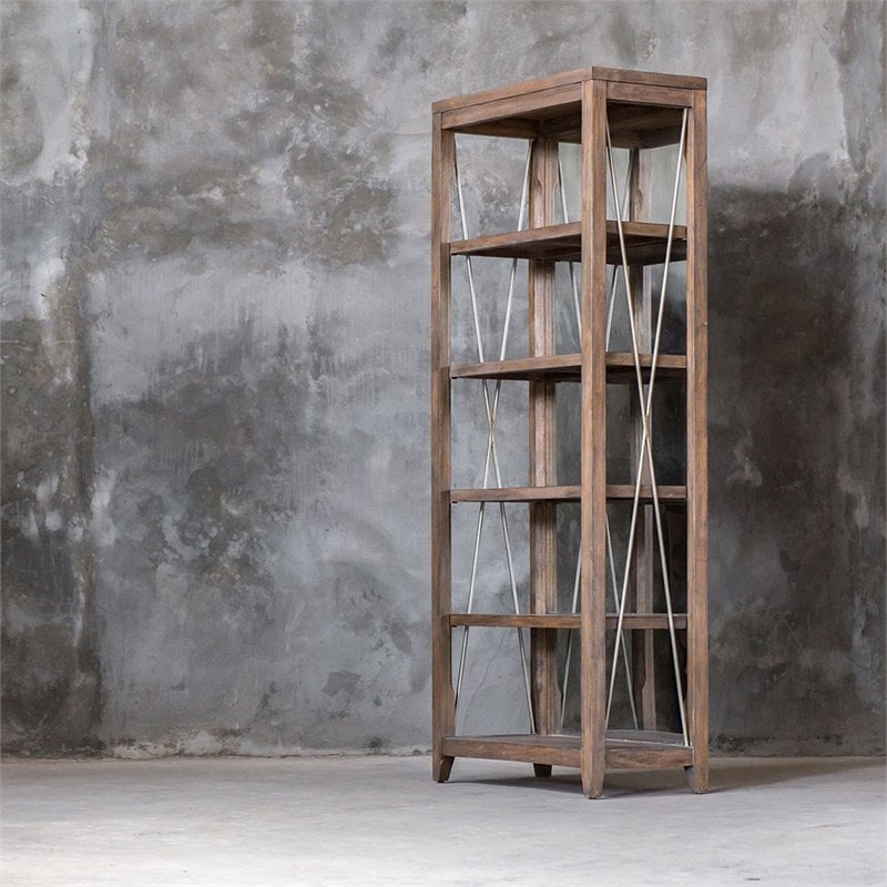 Uttermost Delancey 5-Shelf Wood and Metal Bookcase in Weathered Oak and Pewter