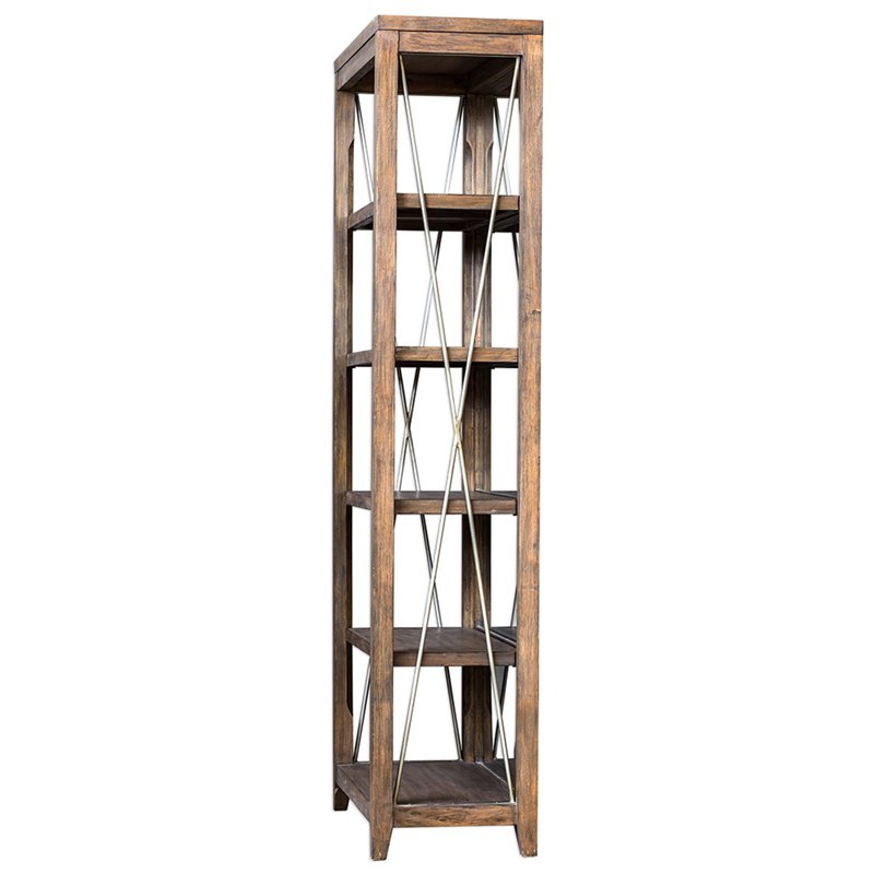 Uttermost Delancey 5-Shelf Wood and Metal Bookcase in Weathered Oak and Pewter