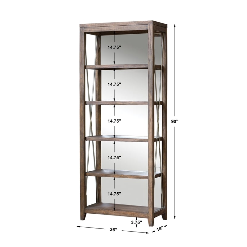 Uttermost Delancey 5-Shelf Wood and Metal Bookcase in Weathered Oak and Pewter