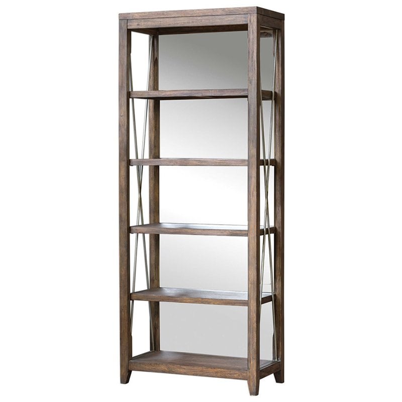 Uttermost Delancey 5-Shelf Wood and Metal Bookcase in Weathered Oak and Pewter
