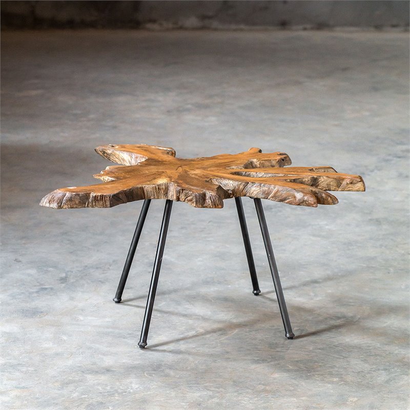 Uttermost Kravitz Teak Wood and Iron Accent Table in Light Honey and Aged Black