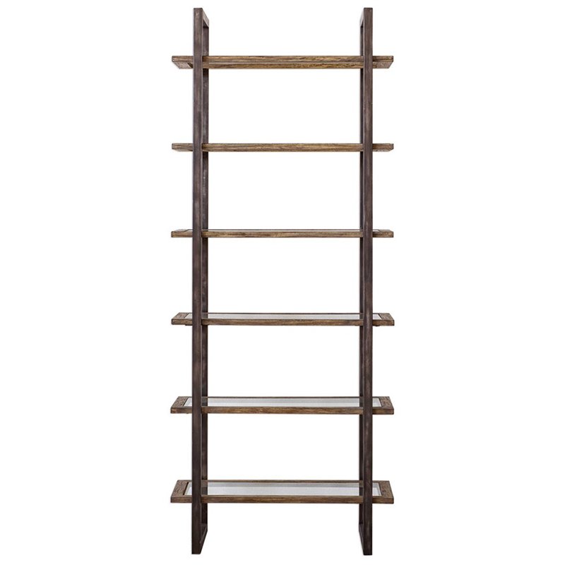 Uttermost Olwyn 6-Shelf Iron and Glass Bookcase in Driftwood and Aged Steel