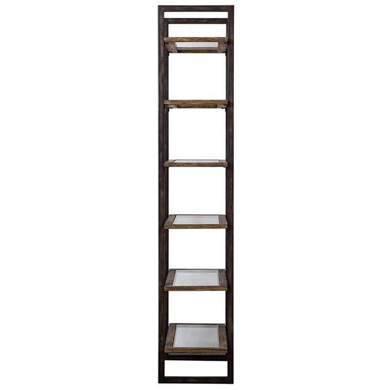 Uttermost Olwyn 6-Shelf Iron and Glass Bookcase in Driftwood and Aged Steel