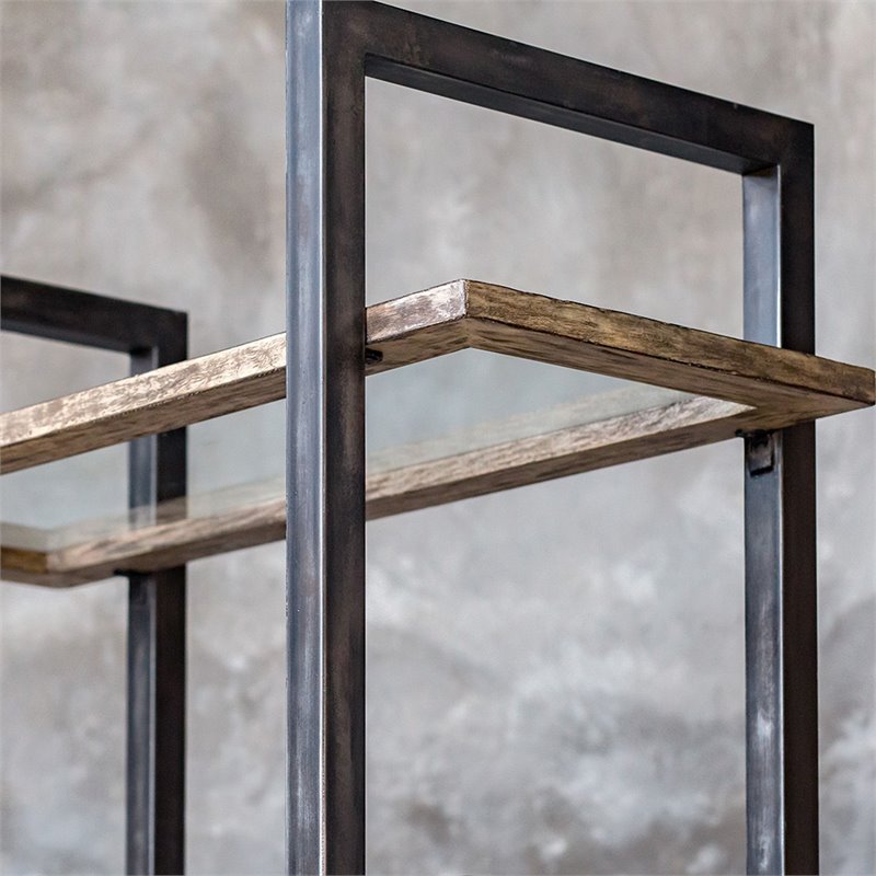 Uttermost Olwyn 6-Shelf Iron and Glass Bookcase in Driftwood and Aged Steel