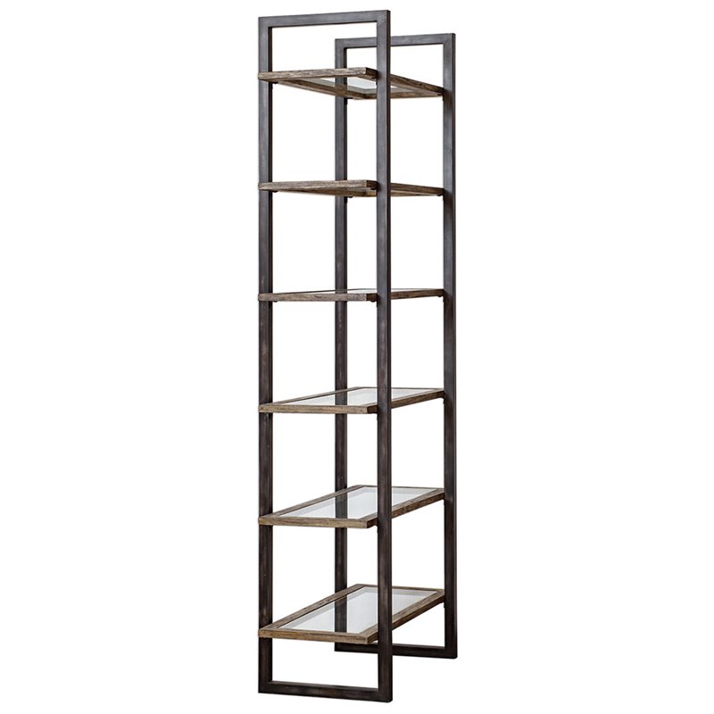 Uttermost Olwyn 6-Shelf Iron and Glass Bookcase in Driftwood and Aged Steel
