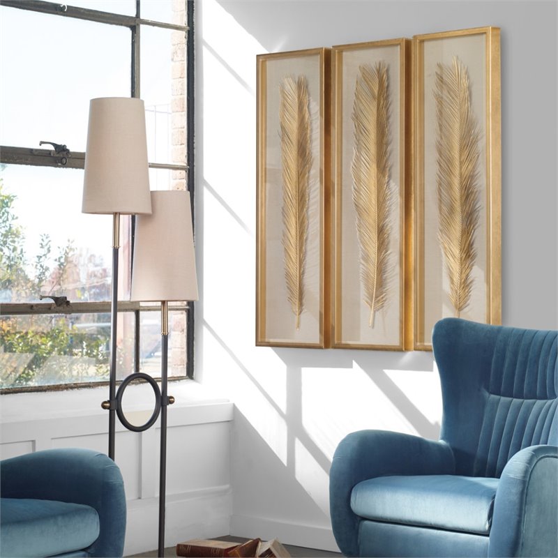 uttermost palma coastal mdf glass and linen shadow box in gold (set of 3)
