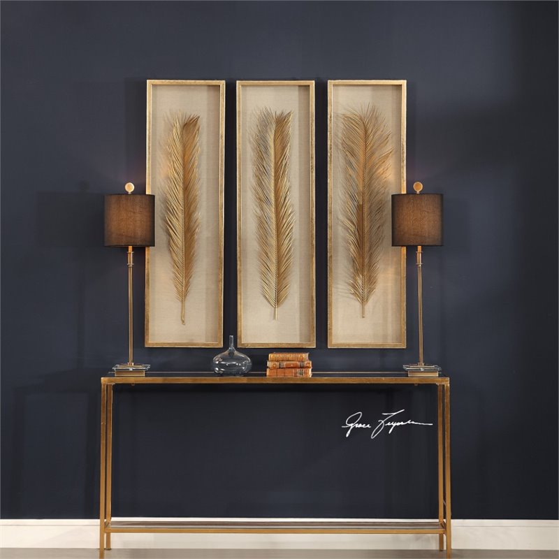 uttermost palma coastal mdf glass and linen shadow box in gold (set of 3)
