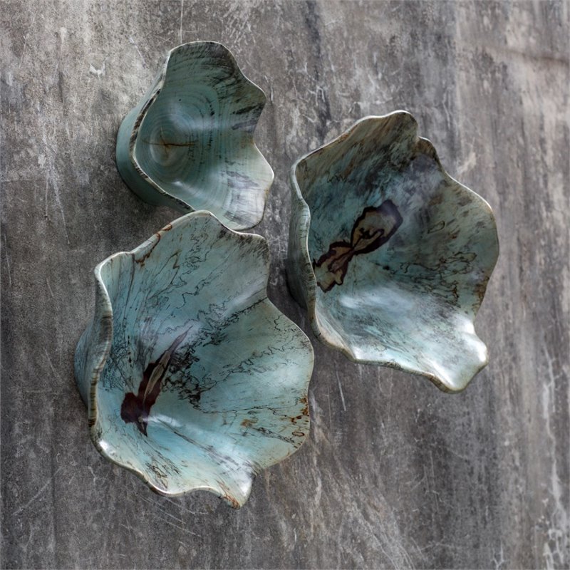 Uttermost Teo Coastal Tamarind Wood Wall Art in Soft Blue Green (Set of 3)
