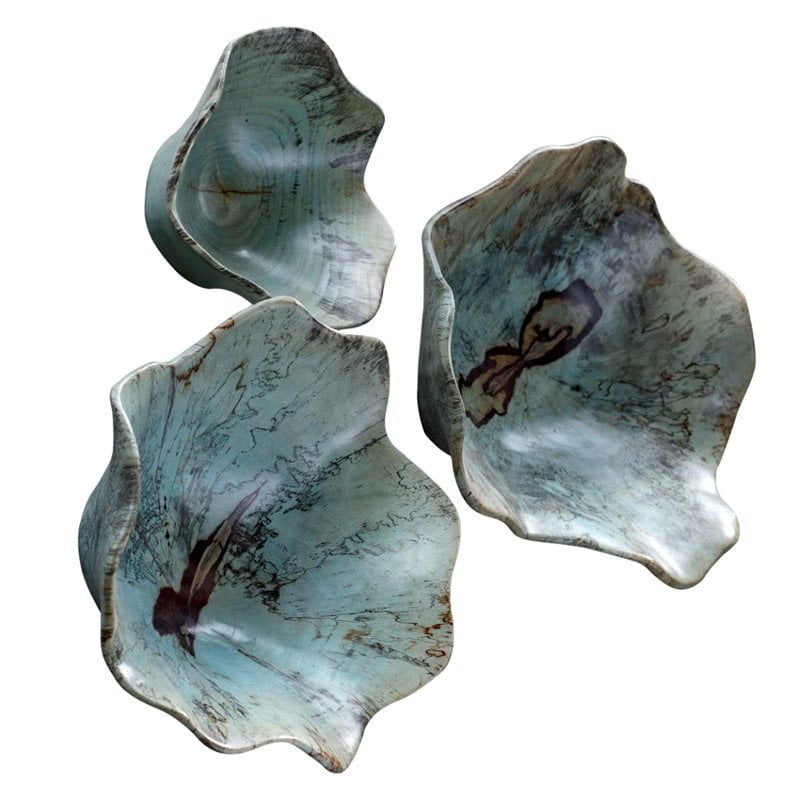 Uttermost Teo Coastal Tamarind Wood Wall Art in Soft Blue Green (Set of 3)