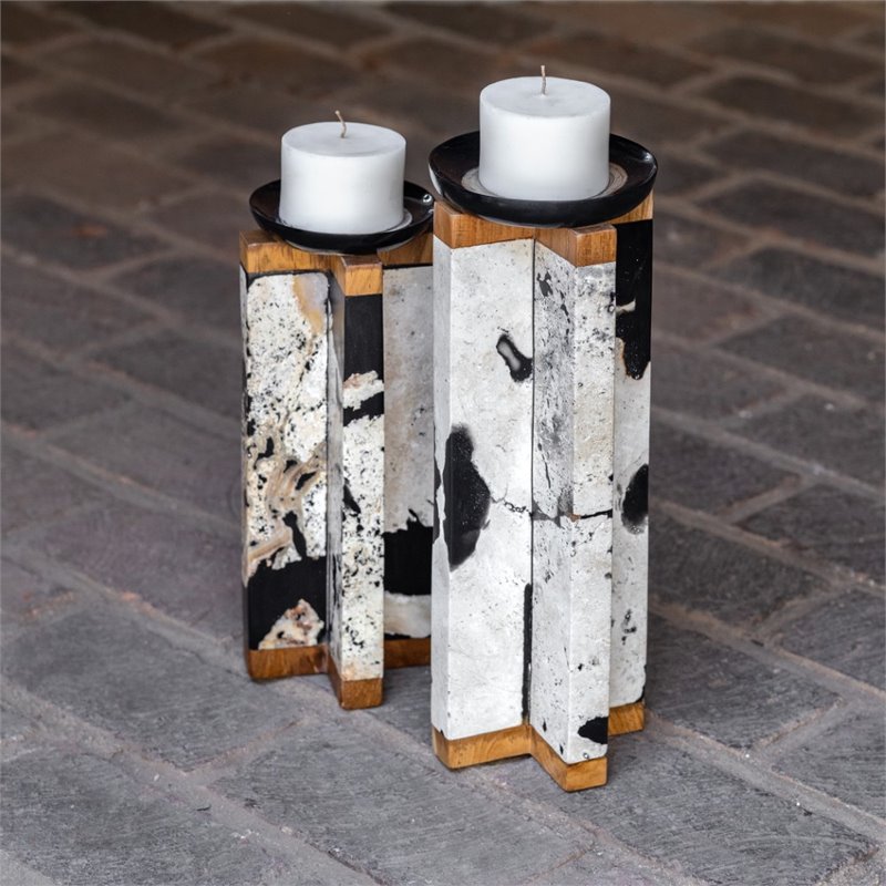 Uttermost Illini Wood Stone and Resin Candleholder in White and Black (Set of 2)