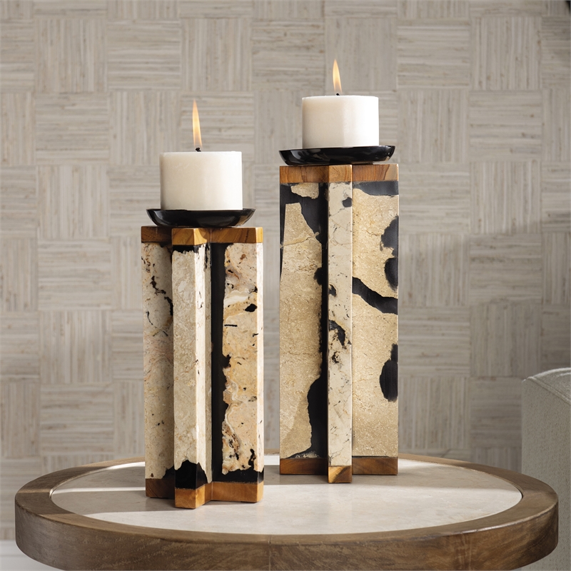 Uttermost Illini Wood Stone and Resin Candleholder in White and Black (Set of 2)
