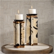 Uttermost Illini Wood Stone and Resin Candleholder in White and Black (Set of 2)