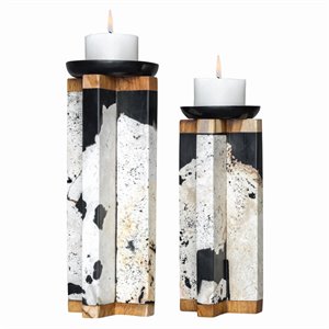 Uttermost Illini Wood Stone and Resin Candleholder in White and Black (Set of 2)