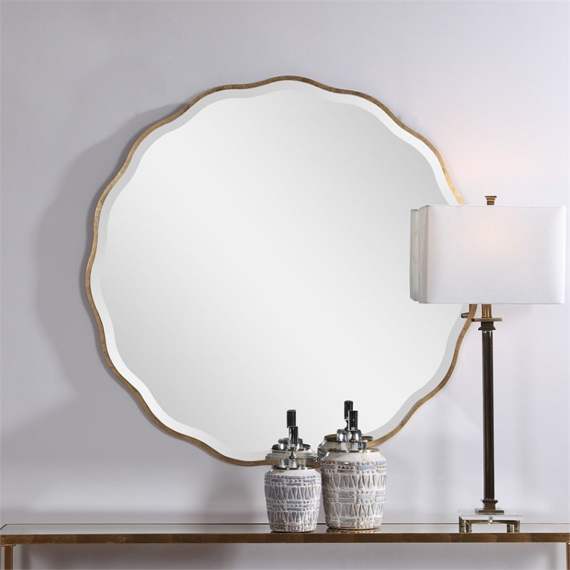 Uttermost Aneta Round MDF Wood and Glass Mirror in Aged Gold