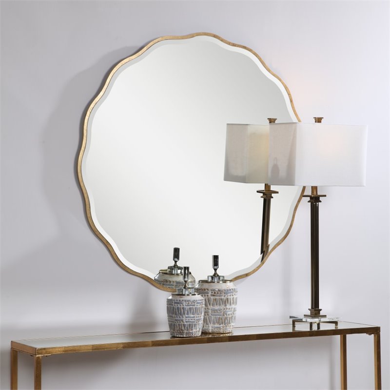Uttermost Aneta Round MDF Wood and Glass Mirror in Aged Gold