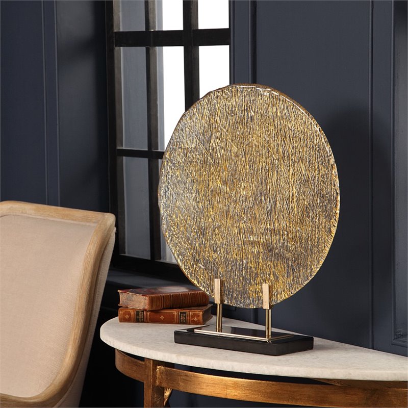 Uttermost Layan Coastal Marble and Steel Art Glass Charger in Gold/Black