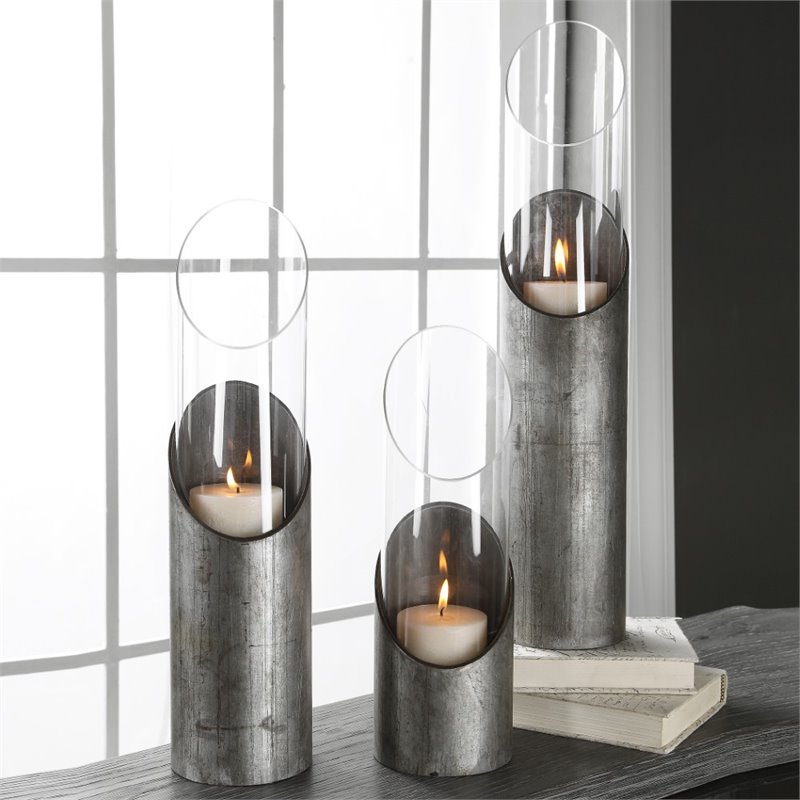 Uttermost Karter Iron and Glass Candleholder in Raw Iron Gray (Set of 3)