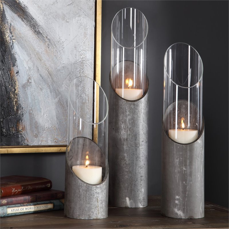 Uttermost Karter Iron and Glass Candleholder in Raw Iron Gray (Set of 3)