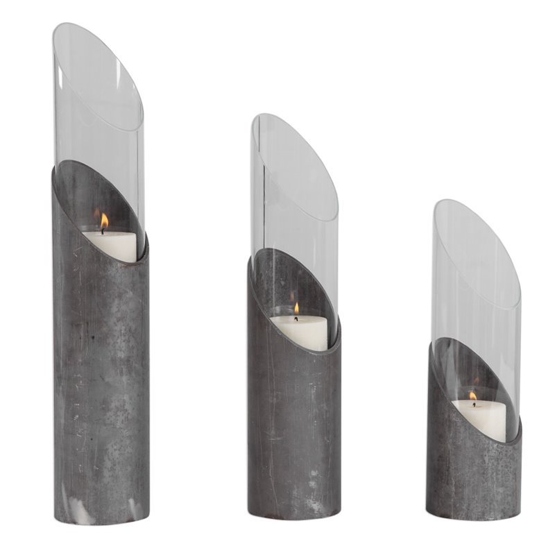 Uttermost Karter Iron and Glass Candleholder in Raw Iron Gray (Set of 3)