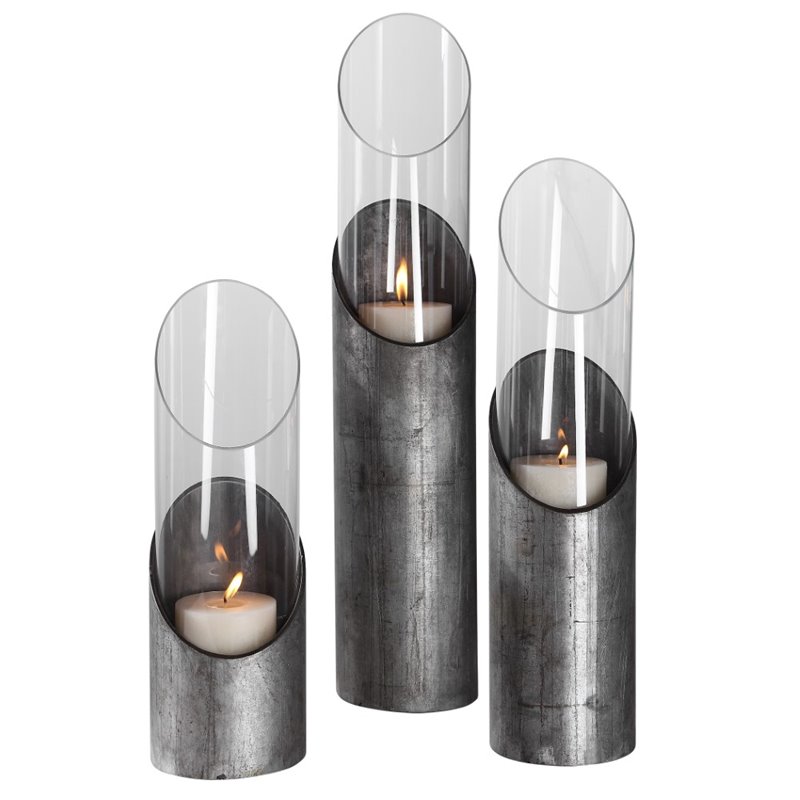 Uttermost Karter Iron and Glass Candleholder in Raw Iron Gray (Set of 3)