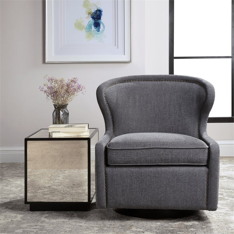 Uttermost Biscay Wood Iron and Fabric Swivel Chair in Charcoal Gray