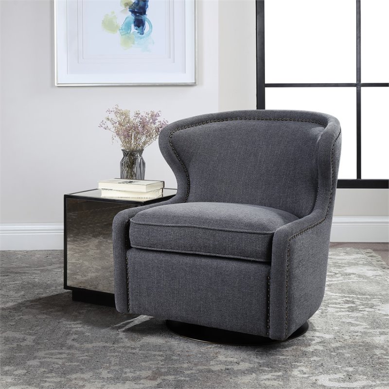 Uttermost Biscay Wood Iron and Fabric Swivel Chair in Charcoal Gray