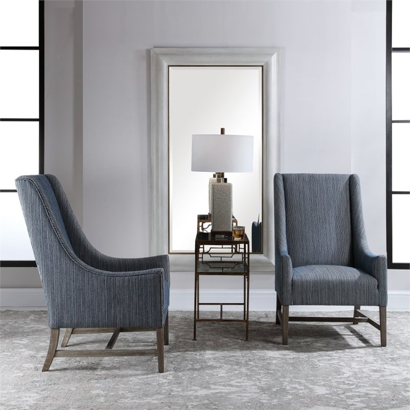 Uttermost Galiot Coastal Wood and Fabric Wingback Accent Chair in Blue and White