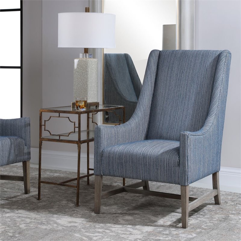 Uttermost Galiot Coastal Wood and Fabric Wingback Accent Chair in Blue and White