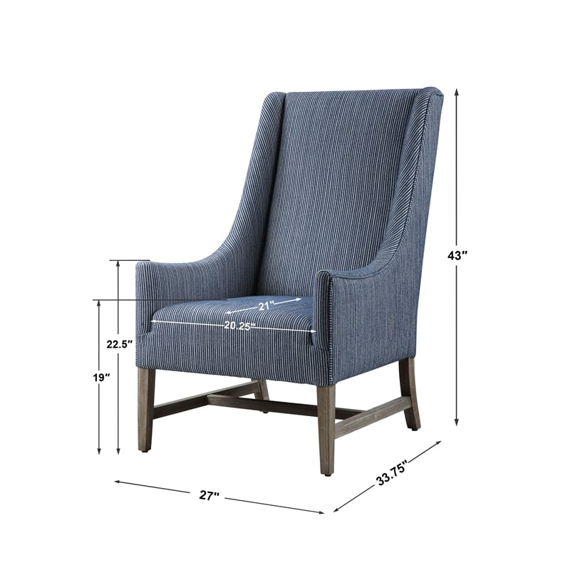 Uttermost Galiot Coastal Wood and Fabric Wingback Accent Chair in Blue and White