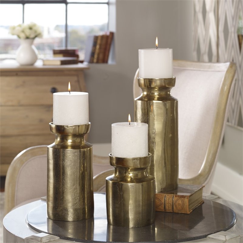 Uttermost Amina Aluminum and Wax Candleholder in Antique Brass (Set of 3)