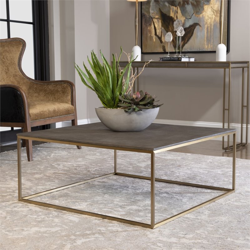 Uttermost Trebon Modern Faux Shagreen and MDF Coffee Table in Brushed Brass